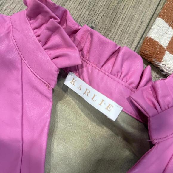 Karlie Pink Long Sleeve Tiered Dress Faux Leather Size Large - Picture 2 of 4